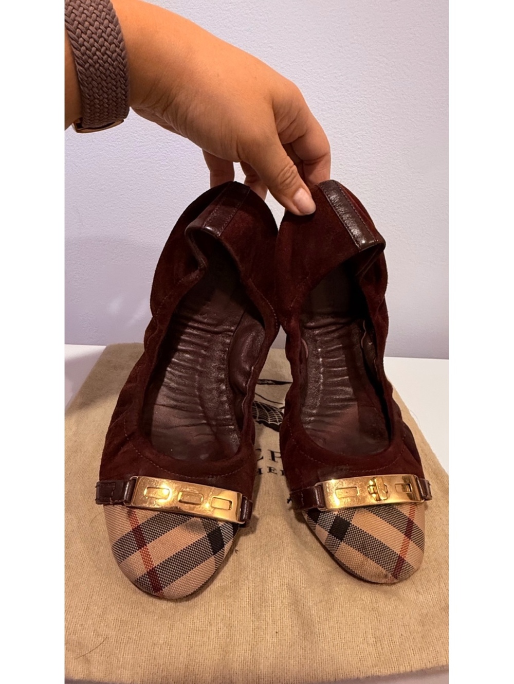 Burberry Women's Burgundy Nova Suede Ballet Flats with Classic Check Toe Cap
